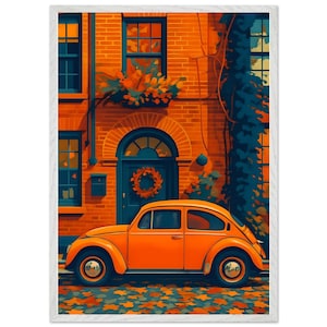 Retro Orange VW Beetle Framed Poster - Vibrant Oil Painting - Perfect Home Decor