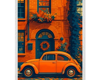 Retro oranje ingelijste poster VW Kever - Levendig olieverfschilderij - Perfect Home Decor