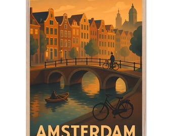 Reisposter Amsterdam, vintage stijl grachtenmuurkunst, retro digitale afbeelding print, Golden Hour Holland decor, ingelijst of ingelijst cadeau