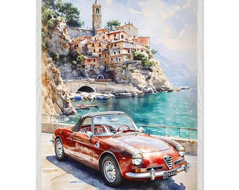 Retro Alfa Romeo aquarelposter - ingelijste kunst aan Italiaanse kust - Perfect Car Lover Gift
