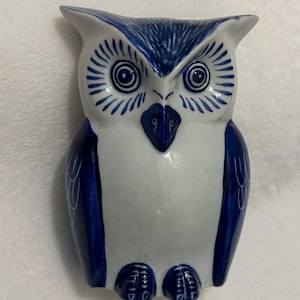 Vintage Blue and White Ceramic Owl Piggy Bank - Made in Thailand