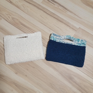 bolso de mano/bolso de crochet/funda para libro/hecho a mano/crochet/tejido/azul/algodón/bolso con bolsillo/asa/blanco/