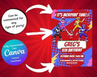 May include: A colorful birthday invitation featuring a comic book style illustration of the Power Rangers. The invitation is for Greg's 5th birthday and includes the text "It's Morphin' Time!" and details about the party.