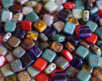 25pcs CzechMates Tile Beads 6mm Square Two Hole Polychrome Rose