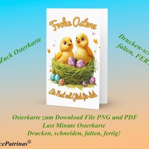Frohe Ostern Grußkarte – Fröhliches Küken-Motiv mit Nest & Eiern – Digitaler Download – Osterkarte zum Ausdrucken, Last Minute Karte