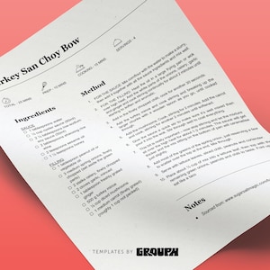 May include: A recipe for Turkey San Choy Bow on a white paper with black text. The recipe includes ingredients and a method, with a red background. The paper is slightly crumpled.