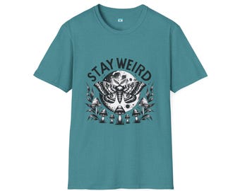 Stay Weird Moth and Mushroom Shirt, Boho Gothic Lunar Moth Tee, Alternative Aesthetic Witchcore Graphic T-Shirt, Nature Goth Cottagecore Top