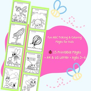 Happy Nature Insect ABC Tracing and Coloring Pages | 15 Fun & Educational Design For Kids | PDF Printable | Bug and Insect Coloring Book