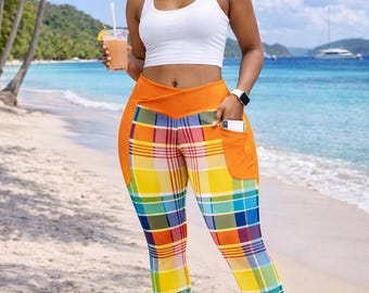 Legging met madrasprint en zakken | Caribische geruite yogabroek | Tangerine gekruiste legging met hoge taille | Sportkleding in Afro-Caribische stijl