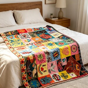 K&ouml;nnte beinhalten: Ein farbenfroher Patchwork-Quilt mit bestickten Quadraten. Der Quilt zeigt verschiedene Muster und Symbole in leuchtenden Farben, darunter Rot, Gelb, Blau und Gr&uuml;n. Er liegt auf einem Bett mit wei&szlig;er Bettw&auml;sche.