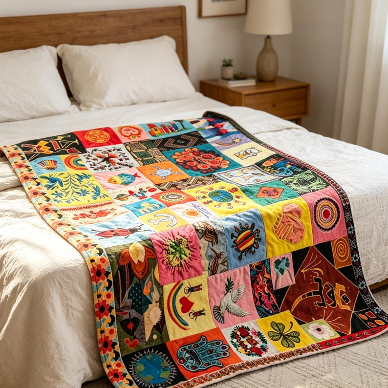 K&ouml;nnte beinhalten: Ein farbenfroher Patchwork-Quilt mit bestickten Quadraten. Der Quilt zeigt verschiedene Muster und Symbole in leuchtenden Farben, darunter Rot, Gelb, Blau und Gr&uuml;n. Er liegt auf einem Bett mit wei&szlig;er Bettw&auml;sche.