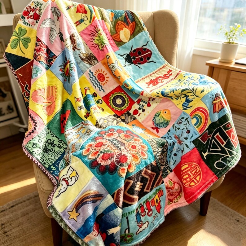 K&ouml;nnte beinhalten: Eine farbenfrohe Patchwork-Decke, die &uuml;ber einem Stuhl drapiert ist. Die Decke zeigt eine Vielzahl von quadratischen und rechteckigen Mustern mit Bildern eines Marienk&auml;fers, einer Sonne und anderen skurrilen Designs. Die Farbpalette umfasst Rot, Gelb, Blau und Gr&uuml;n.