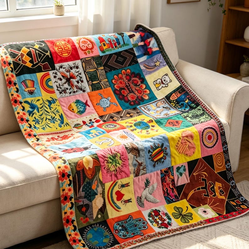 K&ouml;nnte beinhalten: Eine bunte Patchwork-Decke, die &uuml;ber einem Sofa drapiert ist. Die Decke zeigt eine Vielzahl von bestickten Quadraten mit verschiedenen Designs, darunter ein Regenbogen, ein Fisch und eine Schildkr&ouml;te. Sie hat einen floralen Rand und ist aus weichem Stoff gefertigt.