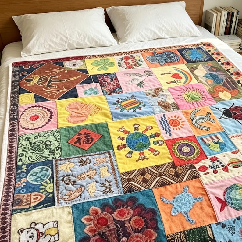 K&ouml;nnte beinhalten: Eine farbenfrohe Patchworkdecke mit verschiedenen gestickten Designs, darunter ein Globus, Blumen und Symbole. Die Decke liegt auf einem Bett mit wei&szlig;en Kissen und einem h&ouml;lzernen Kopfteil. Das Design weist eine Vielzahl von Farben und Mustern auf.