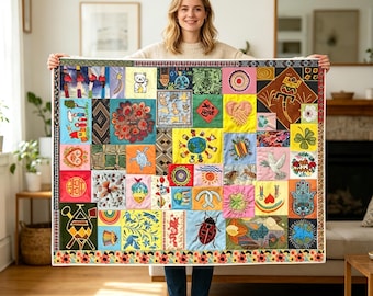 HAIL MARY Vibrant Patchwork Earth Quilt,Human Civilization Flannel Blanket, Lucky Charm Throw for Gifts & Home Decor,Graces Beloved Blanket