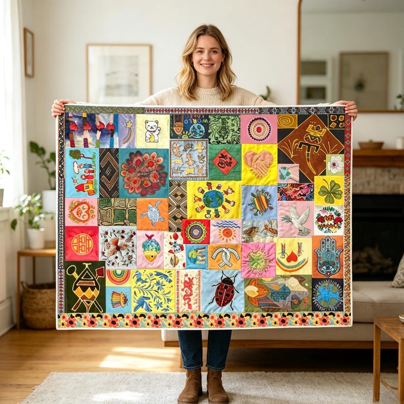 K&ouml;nnte beinhalten: Ein farbenfroher Patchwork-Quilt mit verschiedenen bestickten Quadraten. Der Quilt zeigt eine Vielzahl von Designs, darunter Tiere, Symbole und geometrische Muster. Der Rand ist mit floralen Mustern verziert.