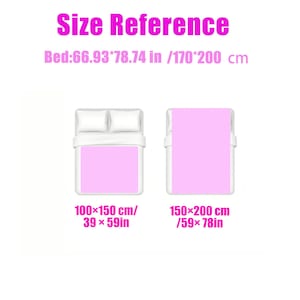 K&ouml;nnte beinhalten: Ein Diagramm mit Bettgr&ouml;&szlig;en und rosa Bettw&auml;sche. Der Text "Size Reference" steht oben. Die Bettgr&ouml;&szlig;en sind 170*200 cm, 100x150 cm und 150x200 cm.