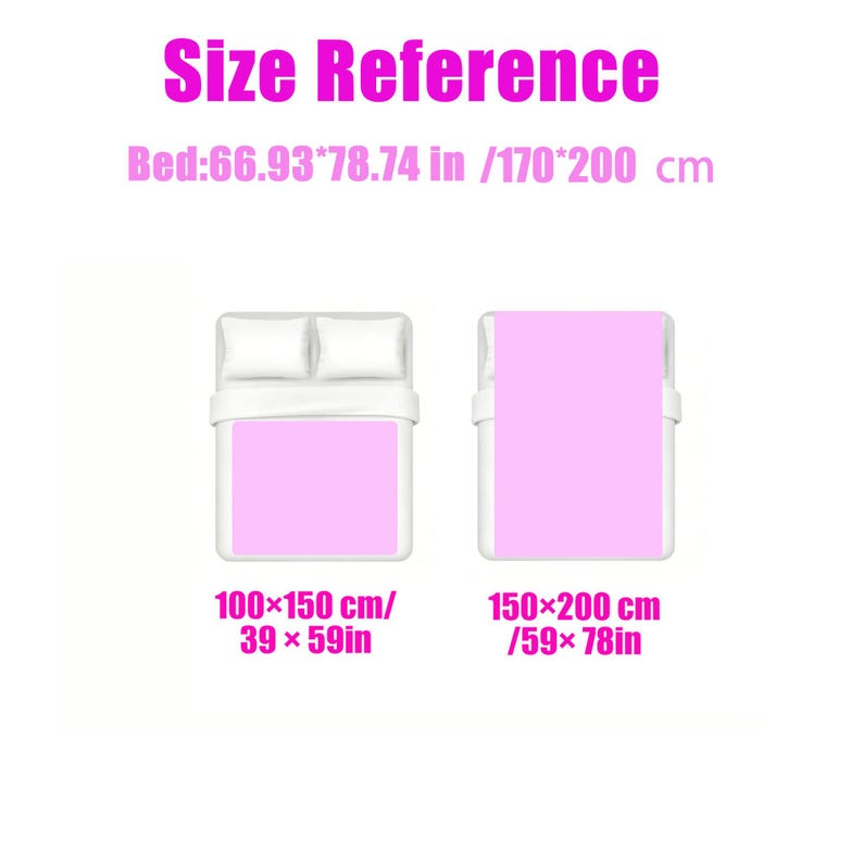 K&ouml;nnte beinhalten: Ein Diagramm mit Bettgr&ouml;&szlig;en und rosa Bettw&auml;sche. Der Text "Size Reference" steht oben. Die Bettgr&ouml;&szlig;en sind 170*200 cm, 100x150 cm und 150x200 cm.