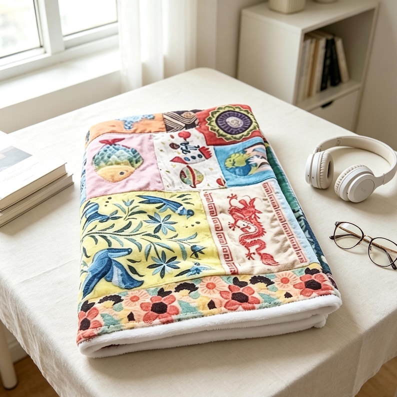 K&ouml;nnte beinhalten: Ein farbenfroher Patchwork-Quilt mit verschiedenen Designs, darunter ein Fisch, ein Drache und florale Muster. Der Quilt ist auf einer wei&szlig;en Oberfl&auml;che gefaltet und zeigt seine komplizierten Details und lebendigen Farben. Die Abmessungen des Quilts sind nicht sichtbar.