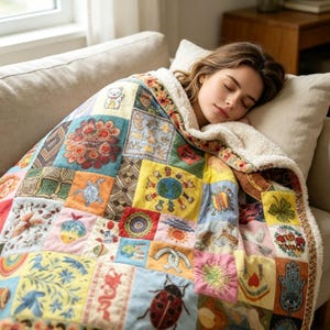 K&ouml;nnte beinhalten: Eine farbenfrohe Patchwork-Decke mit bestickten Quadraten mit Blumen, Tieren und Symbolen. Die Decke hat ein cremefarbenes Sherpa-Futter und ist &uuml;ber ein Sofa drapiert. Das Design der Decke umfasst einen Teddyb&auml;ren, einen Marienk&auml;fer und eine Schildkr&ouml;te.