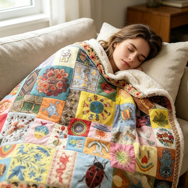 K&ouml;nnte beinhalten: Eine farbenfrohe Patchwork-Decke mit bestickten Quadraten mit Blumen, Tieren und Symbolen. Die Decke hat ein cremefarbenes Sherpa-Futter und ist &uuml;ber ein Sofa drapiert. Das Design der Decke umfasst einen Teddyb&auml;ren, einen Marienk&auml;fer und eine Schildkr&ouml;te.
