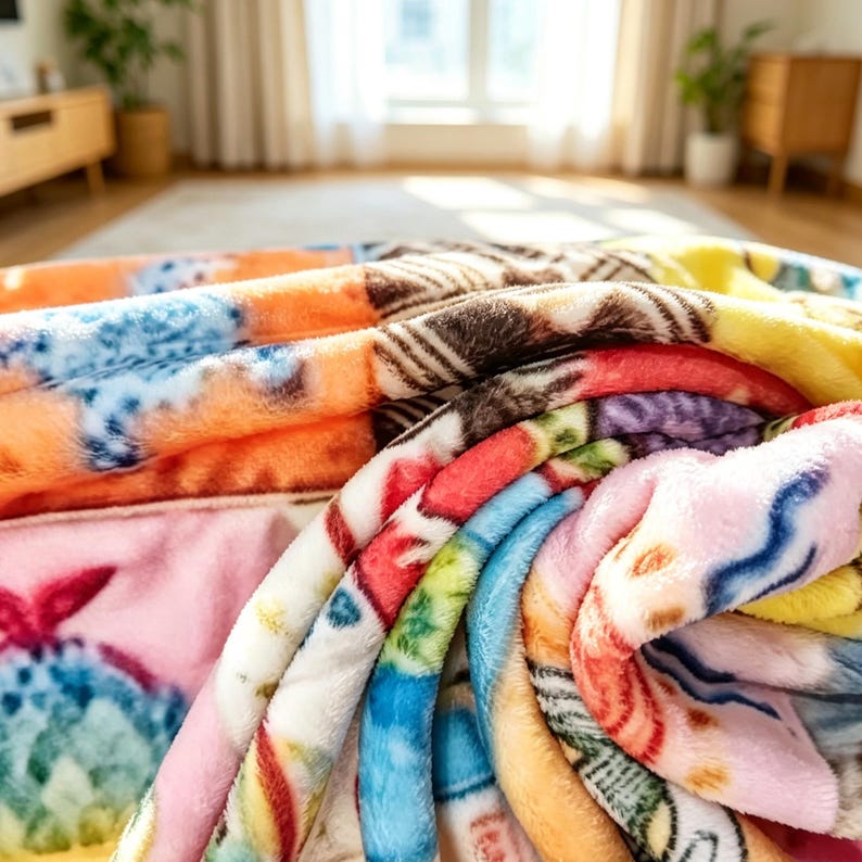 K&ouml;nnte beinhalten: Eine gefaltete, farbenfrohe Decke mit einer Vielzahl von Mustern und Farben. Die Decke weist Farbt&ouml;ne von Rosa, Blau, Orange, Gelb und Braun auf. Die Muster umfassen florale und abstrakte Designs.