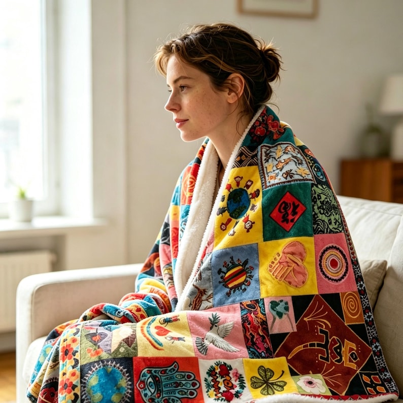 K&ouml;nnte beinhalten: Eine farbenfrohe Patchwork-Decke mit wei&szlig;em Sherpa-Futter ist &uuml;ber einer Person drapiert. Die Decke zeigt verschiedene quadratische Designs mit Bildern der Erde, H&auml;nden und anderen Symbolen in Rot-, Gelb-, Gr&uuml;n- und Blaut&ouml;nen.