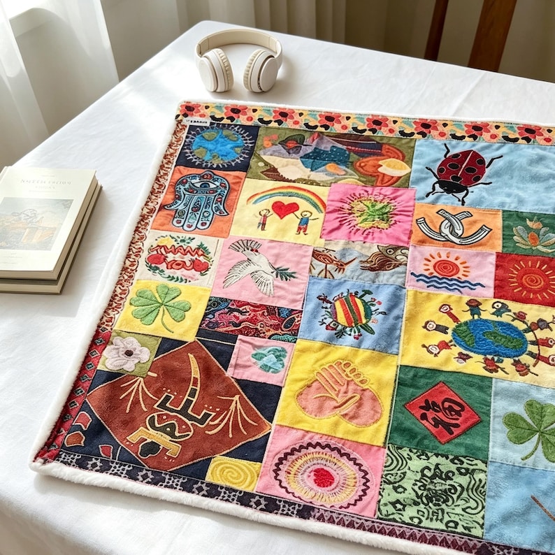 K&ouml;nnte beinhalten: Ein farbenfroher Patchwork-Quilt mit bestickten Quadraten, die verschiedene Symbole wie einen Regenbogen, einen Marienk&auml;fer und ein vierbl&auml;ttriges Kleeblatt zeigen. Der Quilt hat einen gemusterten Rand und einen wei&szlig;en, flauschigen Rand. Ein wei&szlig;er Kopfh&ouml;rer liegt auf einer wei&szlig;en Oberfl&auml;che.