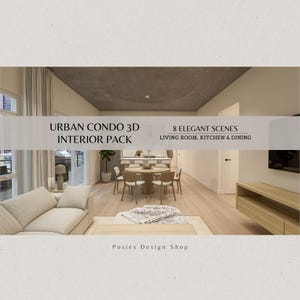 Pacchetto interni 3D moderni urbani / 8 scene eleganti - Rendering di cucina, soggiorno e sala da pranzo in condominio - Download digitale