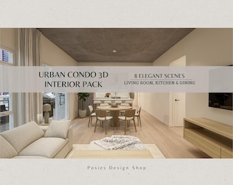 Urban Modern 3D Interior Pack | 8 Elegant Scenes – Condo Kitchen Living Dining Renders – Digital Download