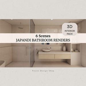 Japandi-badkamerdecoratiepakket | 6 interieurontwerprenders | Minimalistische badkamer 3D-scènes | Portfolio en klantpresentatie