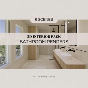 May include: A digital render of a contemporary bathroom design. The image displays a bright space with a wooden vanity, two white basin sinks, and a glass shower enclosure. Text reads "6 SCENES" and "3D INTERIOR PACK BATHROOM RENDERS."