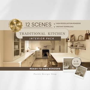 Pacchetto di rendering 3D di cucine tradizionali / 12 scene di interni / Rendering fotorealistici di cucine / Pacchetto di interior design / Download immediato