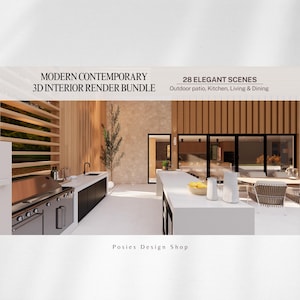 Paquete de interiores 3D modernos y contemporáneos / 28 escenas elegantes – Renders de interiores y exteriores – Descarga digital