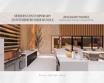 Paquete de interiores 3D modernos y contemporáneos / 28 escenas elegantes – Renders de interiores y exteriores – Descarga digital