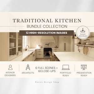 以下が含まれることがあります： TRADITIONAL KITCHEN BUNDLE COLLECTIONというタイトルのデジタルコレクション。明るい色のキャビネット、コンロ、カウンタートップを備えたキッチンの高解像度画像12枚セット。デザイナー向けの6つのフルシーンと6つのクローズアップ画像が含まれています。