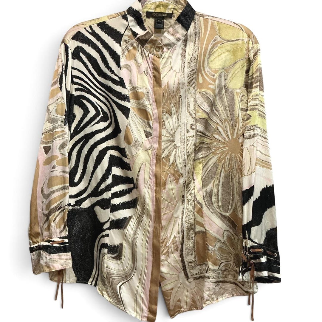 Roberto Cavalli シルク 総柄 ブラウス Roberto Cavalli Silk Zebra Floral Print Tunic Blouse Button Down