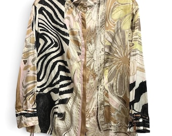 Roberto Cavalli Silk Zebra Floral Print Tunic Blouse Button Down XL Italy Y2K