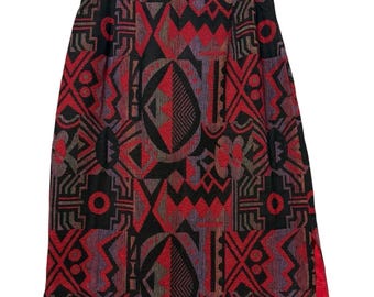 Gonna foderata in lana rossa con arazzo geometrico boho vintage Susan Thomas anni '70/'80, taglia 10