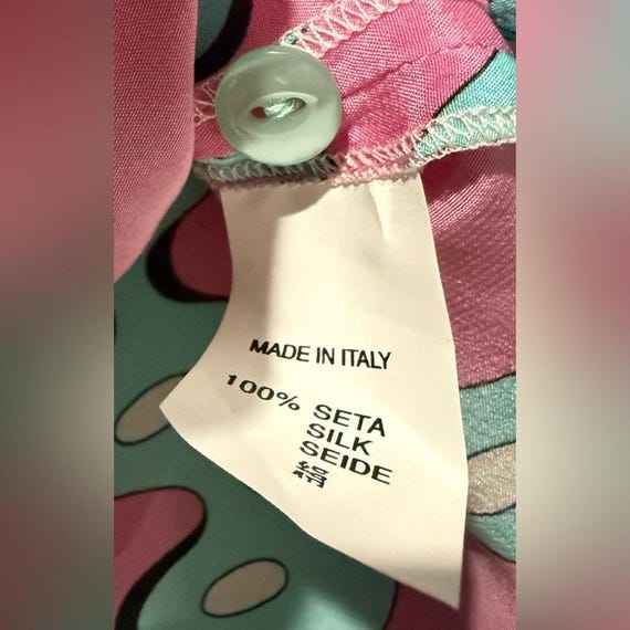 希少なBessiシルクブラウスピンク＆グリーン幾何学模様レトロプリント