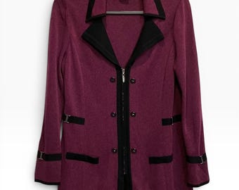 Misook Purple Vintage Knit Zip Front Jacket Black Trim Double Breasted Small S