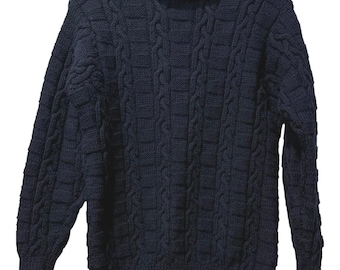 Maglione in lana a collo alto da pescatore blu navy lavorato a mano Seale England M/L RARO VTG