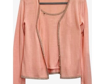 Completo vintage Collette Dinnigan in seta con cardigan e canotta con perline, taglia L, rosa raro.