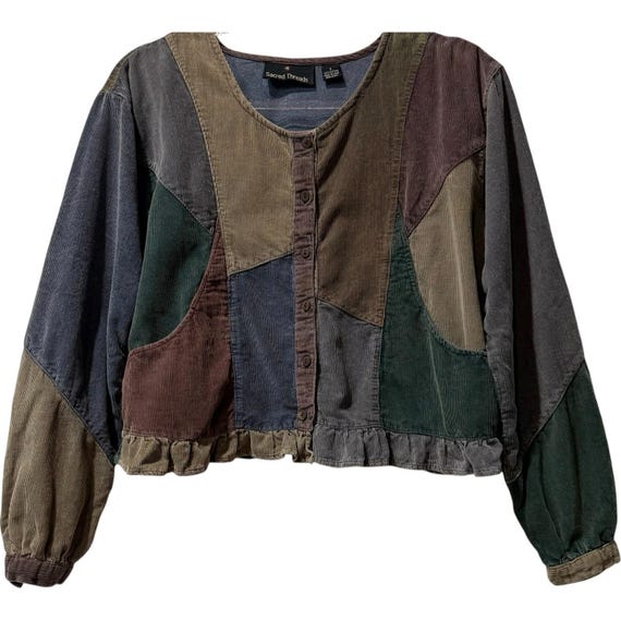 VTG Sacred Threads Patchwork Corduroy Shirt Earth… - image 1