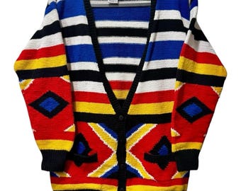 Cardigan vintage in maglia di cotone con stampa azteca a righe, taglia S.