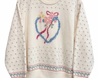 Vintage 90s Eddie Bauer Floral Heart Sweater Pastel Cottagecore Romantic Knit M