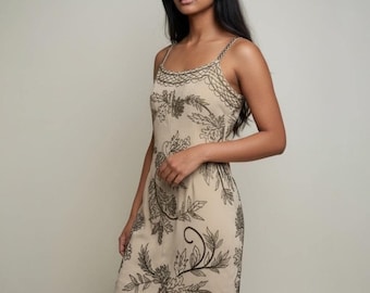 Vintage Oleg Cassini Schwarze Krawatte Perlen Slip Kleid Champagner 90er Jahre Formelle Sz 10 / 12