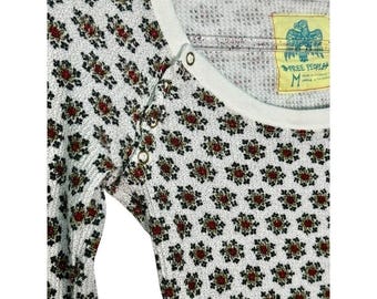 Rare Free People Vintage Floral Thermal Waffle Knit Top Original Bird Label M