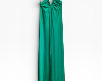 Abito lungo vintage anni '70 verde smeraldo stile discoteca Studio 54 con scollo all'americana e schiena scoperta, glamour, taglia media.