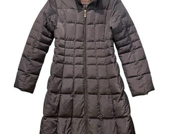 Cappotto imbottito vintage Moncler trapuntato, lungo, grigio, da donna, taglia S/M.